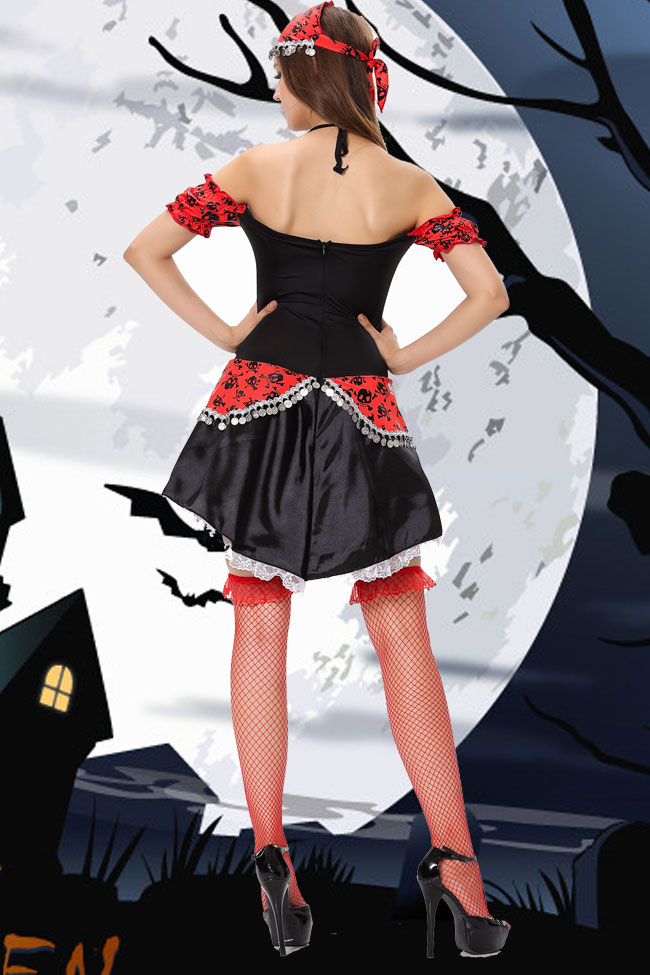 F1441 Black Red Skull Lady Pirate Costume.